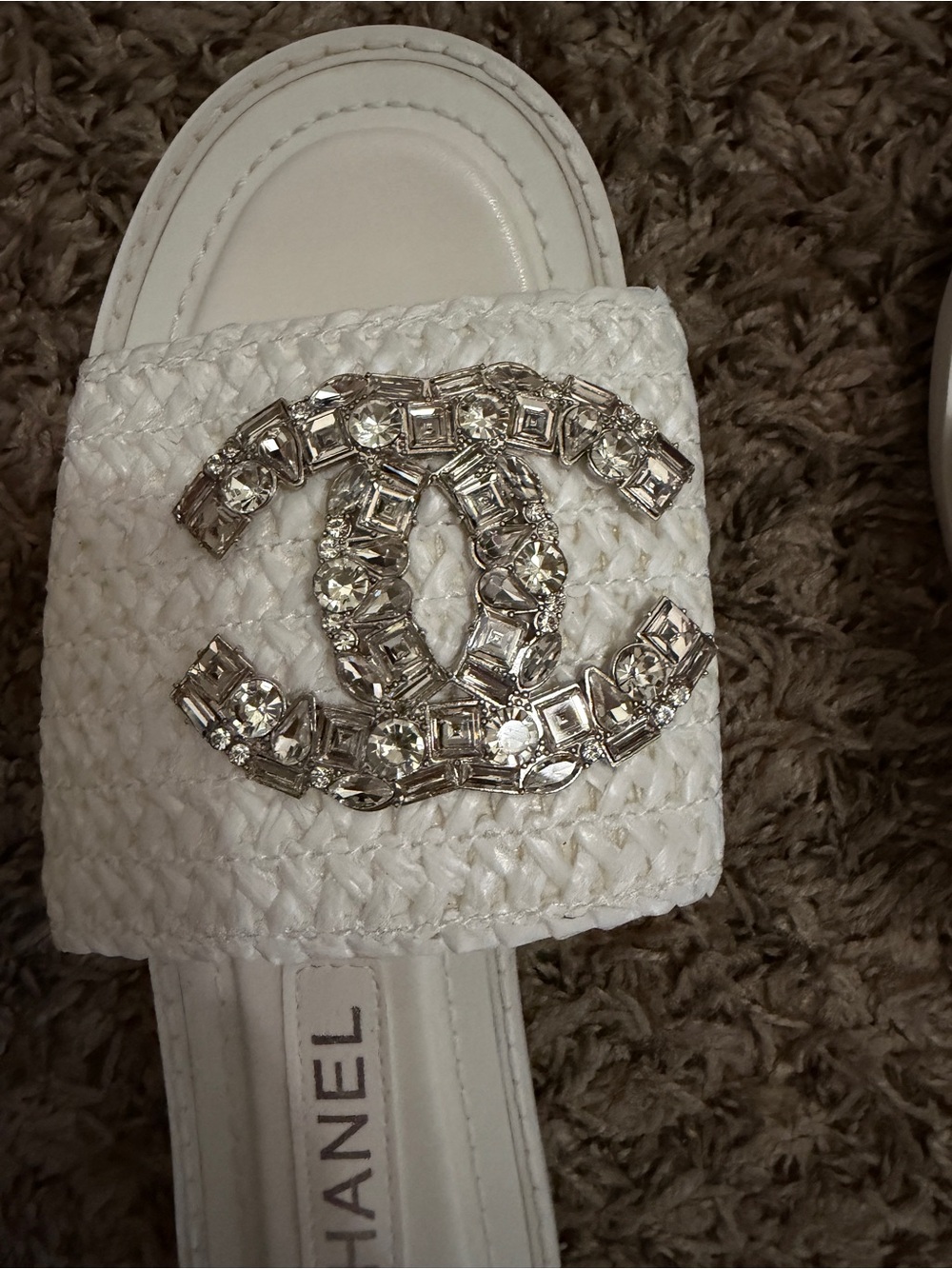 CHANEL White Crystal CC Logo Woven Slide Mules - Picture 2 of 5